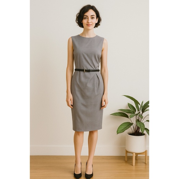 EUC MaxMara Max Mara Belted Gathered Side RuchedlGray Work/Office Dress US 8‌‍